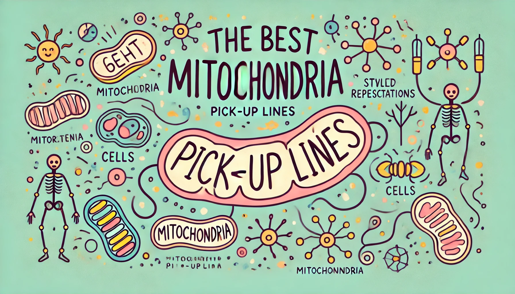 Playful feature image with title 'The Best Mitochondria Pick-Up Lines' surrounded by stylized biology-themed graphics, including mitochondria and cells, set against a light background.