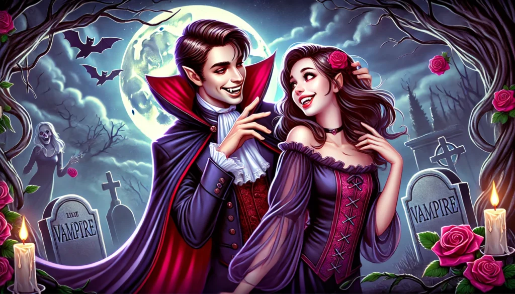 A playful and mysterious illustration featuring a vampire flirting with a woman with vampire pick up lines in a dark, moonlit setting