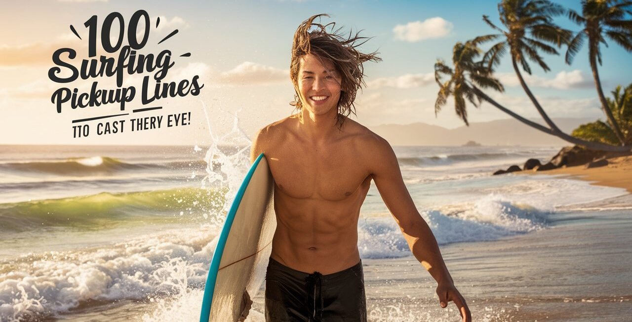 a man running with a surfer board and a text is on the image. The text is 100 surfing pickup lines