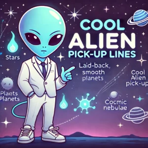 A cool, confident alien character standing in a cosmic setting, surrounded by stars, planets, and nebulae, symbolizing cool alien pick-up lines. The alien has a laid-back, smooth expression, with a glowing aura or cosmic accessory to highlight their charm.