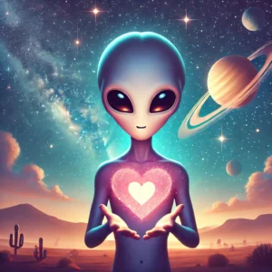 A romantic alien character standing under a glowing starry sky, holding a heart-shaped galaxy, symbolizing romantic alien pick-up lines. The background includes distant stars and planets, with a soft, dreamy ambiance. The alien has a gentle, affectionate expression, conveying love and tenderness.