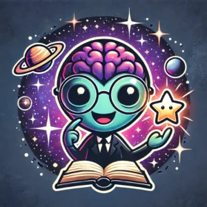 A witty and clever alien character in a cosmic setting with an intelligent expression, holding a glowing book or star, symbolizing clever alien pick-up lines. The background features stars, planets, and nebulae, giving a smart and thought-provoking vibe.