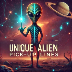 A unique and intriguing alien character in a cosmic setting, standing with a glowing cosmic object like a rare star or planet, symbolizing unique alien pick-up lines. The background features mysterious nebulae and stars, giving an otherworldly, extraordinary vibe.