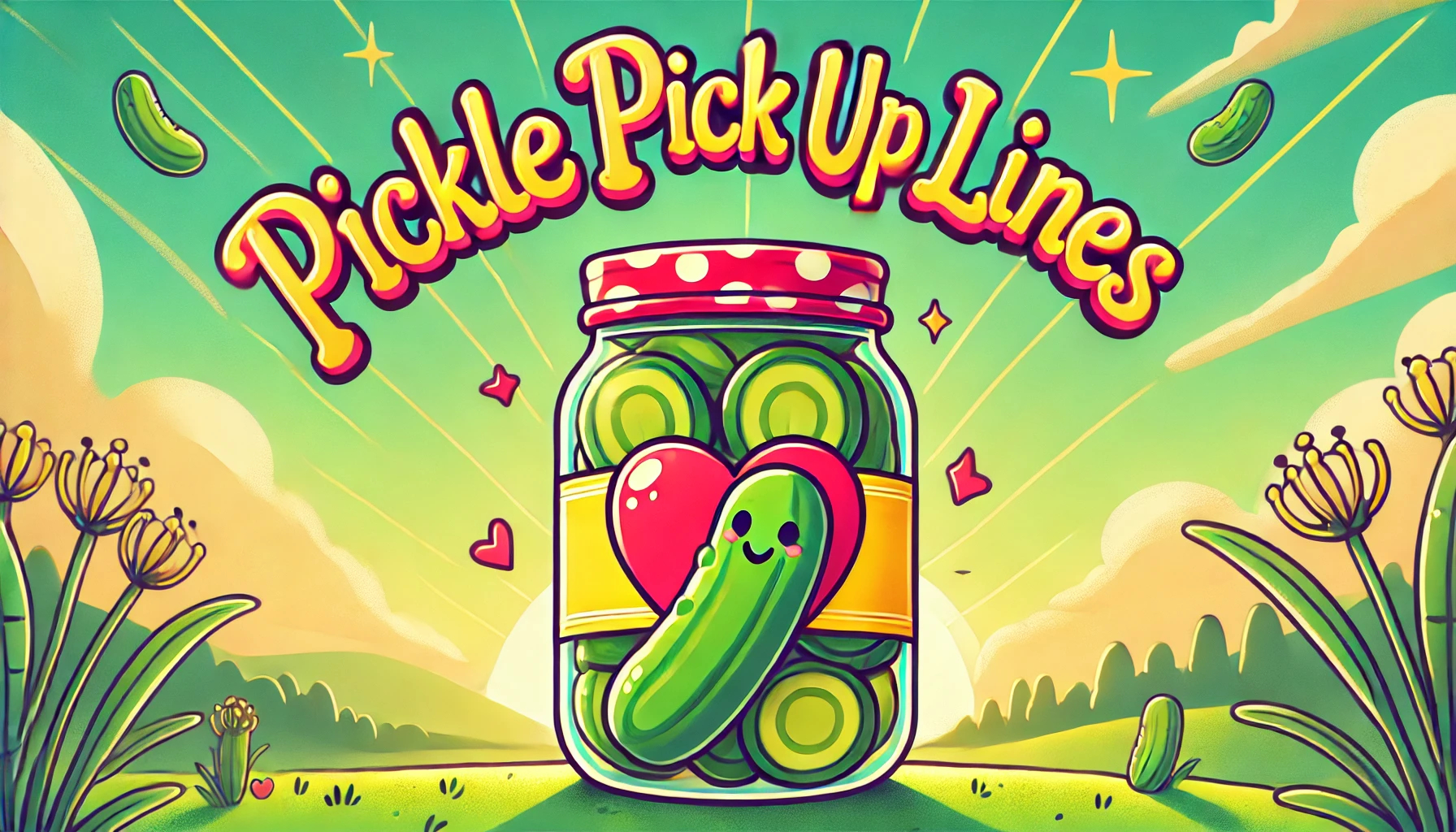 A fun and playful landscape image featuring a jar of pickles with a heart-shaped pickle inside, with the text 'Pickle Pick Up Lines' in bold, cheerful lettering. The background is vibrant and light, with cartoon-style illustrations. The image should be whimsical, colorful, and visually engaging, perfect for a humor article, and have plenty of space for the main focus to be the title text.