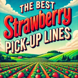 A vibrant landscape with a clear blue sky, green rolling hills, and strawberry fields in the foreground. The strawberry fields are dotted with bright red strawberries. Overlay the text 'The Best Strawberry Pick-Up Lines' in bold, playful font across the image, centered at the top. The font should be large and clear, using colors that contrast well with the bright and inviting scene, making the text easily readable.