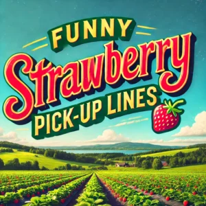 A vibrant landscape with a clear blue sky, green rolling hills, and strawberry fields in the foreground. The strawberry fields are dotted with bright red strawberries. Overlay the text 'Funny Strawberry Pick-Up Lines' in bold, playful font across the image, centered at the top. The font should be large and clear, using colors that contrast well with the bright and inviting scene, making the text easily readable.