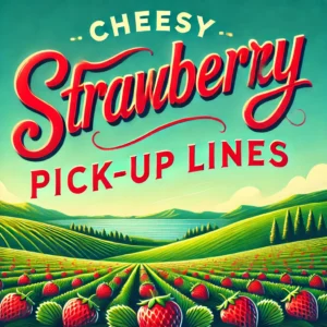 A vibrant landscape with a clear blue sky, green rolling hills, and strawberry fields in the foreground. The strawberry fields are dotted with bright red strawberries. Overlay the text 'Cheesy Strawberry Pick-Up Lines' in bold, playful font across the image, centered at the top. Ensure the text is large, and all letters, especially 'w' in 'strawberry,' are clear and easily readable.