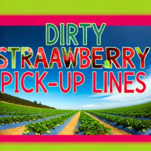 A vibrant landscape with a clear blue sky, green rolling hills, and strawberry fields in the foreground. The strawberry fields are dotted with bright red strawberries. Overlay the text 'Dirty Strawberry Pick-Up Lines' in bold, playful font across the image, centered at the top.