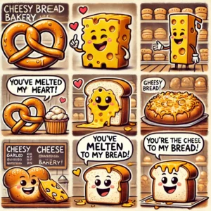 A playful and humorous square illustration titled 'Cheesy Bread Bakery Pick-Up Lines' featuring cheesy bread characters like a cheese-stuffed pretzel, cheesy garlic bread, and a cheese-topped roll with cartoon faces. Each bread has a flirty line in a speech bubble, such as 'You’ve melted my heart!' or 'You’re the cheese to my bread.' The background is a warm and inviting bakery, with shelves filled with various cheesy bread, and a chalkboard menu listing cheesy delights.