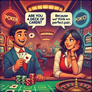 A square conversation-style cartoon animation featuring two characters in a casino. The left character is a man holding poker cards with a smirk, while the right character is a woman leaning against a roulette table. The background includes slot machines and casino lights. Dialogue bubbles appear between them.