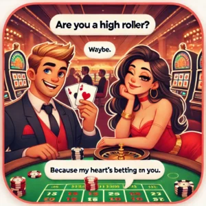 A square conversation-style cartoon animation featuring two characters in a casino. The left character is a man holding poker cards with a flirty smile, while the right character is a woman leaning against a roulette table, smiling back. The background includes slot machines and casino lights. Dialogue bubbles appear between them. The first dialogue says 'Are you a high roller?' and the reply says 'Maybe. Why?' The second dialogue bubble reads 'Because my heart's betting on you.' The scene should have a flirty and playful tone with vibrant colors and casino elements.