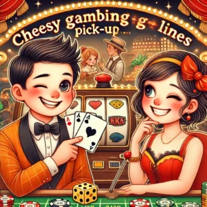 A playful illustration of a boy and girl in a lively casino setting, engaging in a light-hearted conversation about cheesy gambling pick-up lines. The boy is holding a deck of cards and winking, while the girl is smiling with a playful expression, holding a slot machine lever. The background features casino elements like poker chips, dice, and a roulette table. The atmosphere is fun and flirty, with a whimsical vibe. The colors are vibrant, with reds, golds, and greens, evoking a classic casino feel.