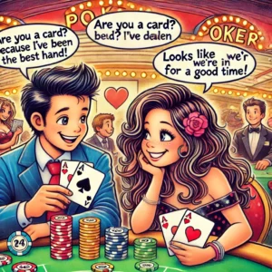 A fun illustration of a boy and girl seated at a poker table, exchanging flirty glances while playing poker. The boy holds a pair of aces, and the girl is smiling as she looks at her cards.