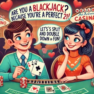 A playful illustration of a boy and girl sitting at a blackjack table, engaging in a flirty exchange while playing. The boy is showing a blackjack hand (an Ace and a 10), smiling confidently, while the girl is looking at her cards with a playful smile.