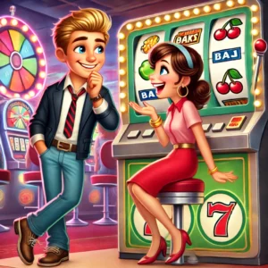 A fun, cartoon-style illustration showing a boy and girl standing near a slot machine