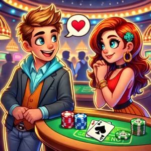 A colorful, cartoon-style illustration featuring a boy and girl standing in a casino environment