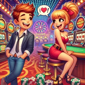 A lively cartoon-style illustration featuring a boy and girl exchanging fun and flirty pick-up lines in a vibrant casino setting. The boy is leaning in with a confident smile while the girl playfully responds, both laughing and enjoying the moment. The background includes typical casino elements like slot machines, poker tables, and roulette wheels, with colorful lights flashing around them. The atmosphere is lighthearted, energetic, and fun, with a sense of flirtation in the air. Both characters are dressed casually, with the casino glowing in the background, capturing a playful conversation.