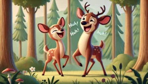 Two playful deer characters standing in a forest clearing, sharing a funny moment. The male deer, 'Buck,' has a big grin, delivering a light-hearted pick-up line, and the female deer, 'Doe,' is laughing joyfully with her head slightly tilted back. Buck's body language is lively, as if he just cracked a joke, while Doe looks genuinely amused, with a relaxed posture. The forest background has tall trees, a few flowers, and soft sunlight streaming through, adding to the cheerful and humorous atmosphere.