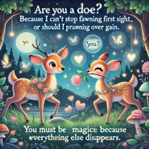 A playful and romantic illustration of two charming deer in a magical forest illuminated by soft moonlight and glowing fireflies. One deer holds a flower in its mouth, trying to flirt with the other. Clear, stylized text bubbles float above them, containing humorous pick-up lines such as 'Are you a doe? Because I can’t stop fawning over you,' 'Do you believe in love at first sight, or should I prance by again?', and 'You must be magic because whenever you’re around, everything else disappears.' The scene is vibrant with heart-shaped leaves, flowers, and a dreamy, romantic ambiance.