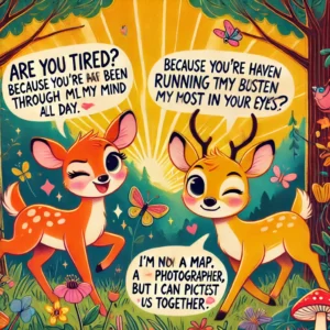 A lively and fun illustration featuring two playful deer in a vibrant forest. One deer winks mischievously, while the other looks amused. Text bubbles hover around them with playful pick-up lines such as 'Are you tired? Because you’ve been running through my mind all day,' 'Do you have a map? Because I just got lost in your eyes,' and 'I’m not a photographer, but I can picture us together.' The forest background is bright and cheerful, with colorful flowers, fluttering butterflies, and sunbeams streaming through the trees. The vibe is lighthearted, fun, and full of charm.