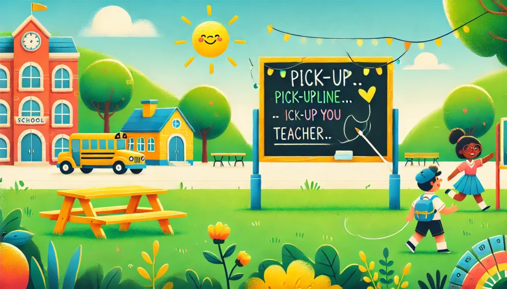 A bright and playful landscape with a lighthearted, whimsical atmosphere. The scene features a sunny schoolyard with a large chalkboard in the background, where playful pick-up lines about teachers are written in colorful chalk. The surroundings have lush green grass, a few trees, and benches where students and teachers are seen interacting. The overall style is cartoonish and cheerful, evoking a fun and light mood suitable for a teacher-themed article.