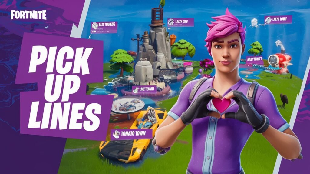 A Fortnite feature image with the text "Fortnite Pick up lines". There's a cartoon character with a purple shirt and pink hair, holding a heart. The background is a Fortnite battle royale map with various locations like Tilted Towers, Lazy Lagoon, and Tomato Town.