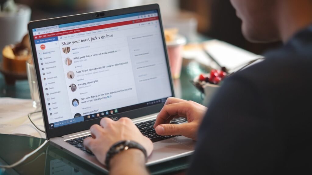 A photo of a man sitting at a table with a laptop. On the laptop screen, there are multiple comments being posted on a reddit thread. The thread is titled "Share your best and worst pick up lines about Kissing