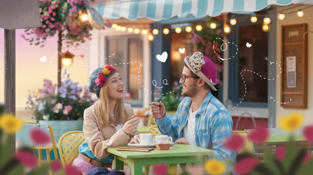 A whimsical and playful scene set in a vibrant outdoor café, where two people are smiling and sharing a light-hearted conversation.